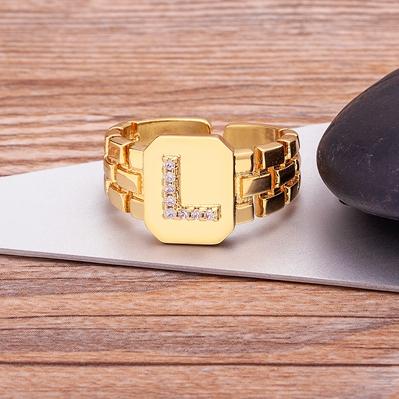 New Arrival Fashion Gold Color Initial Ring Open Design Adjustable Hot Sale Watchband Chain A-Z Letters Zircon Rings For Women