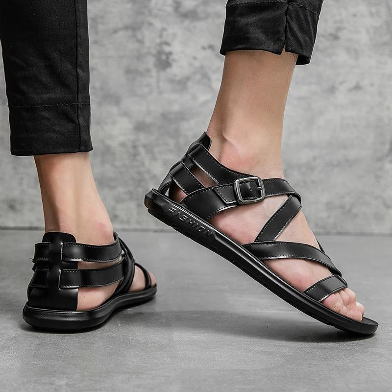 Hot sale Luxury Men’s Leather Sandals Summer Designer Roman Gladiator Sandals Man Black Flat Sandals For Men Beach Flip Flops