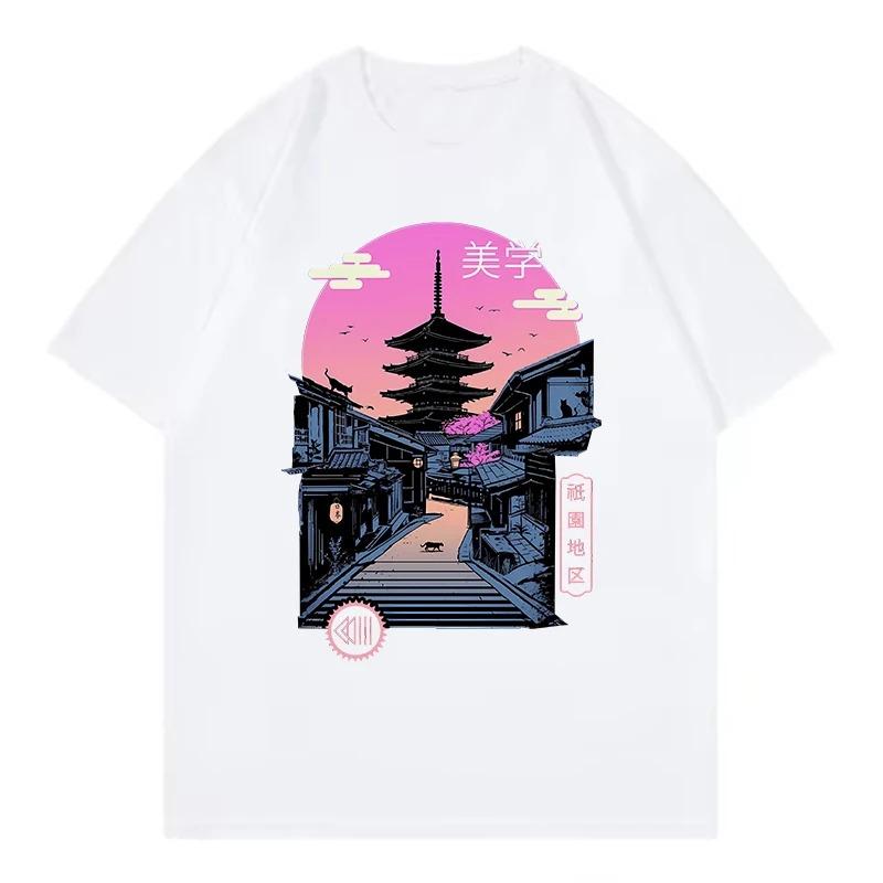 

Vintage Japanese Style Pagoda T Shirt Women Retro Sunset Cityscape Graphic Tee Summer Loose Short Sleeve Fashion Streetwear S