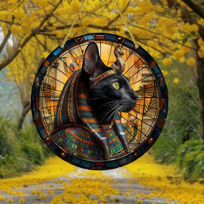 Cattura Sole Gatto Nero Egiziano in Legno, Segno Decorativo Rotondo in Legno, Stanza, Decorazione Casa, Targhetta Multiuso a Tema Animale per Porta, Parete, Casa, Stanza