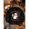 Kids Crewneck Sweatshirt, Halloween Cute Ghost Print Holding Iced Coffee & Pumpkin Bucket