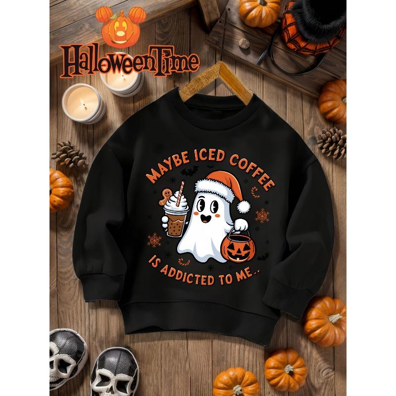 Kids Crewneck Sweatshirt, Halloween Cute Ghost Print Holding Iced Coffee & Pumpkin Bucket