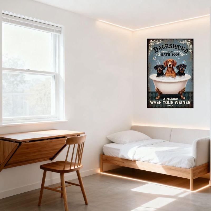 Vintage Dachshund & Co. Bath Soop Metal Sign, 3 Dachshunds In White Clawfoot Bathtub with Bubbles, Established 1919.5 Wash Your