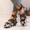 Fashion Cow Print Lace Up Ballet Flats Woman Brand Design Ankle Buckle Strap Ballerina Shoes Ladies Casual Leopard Canvas Loafer
