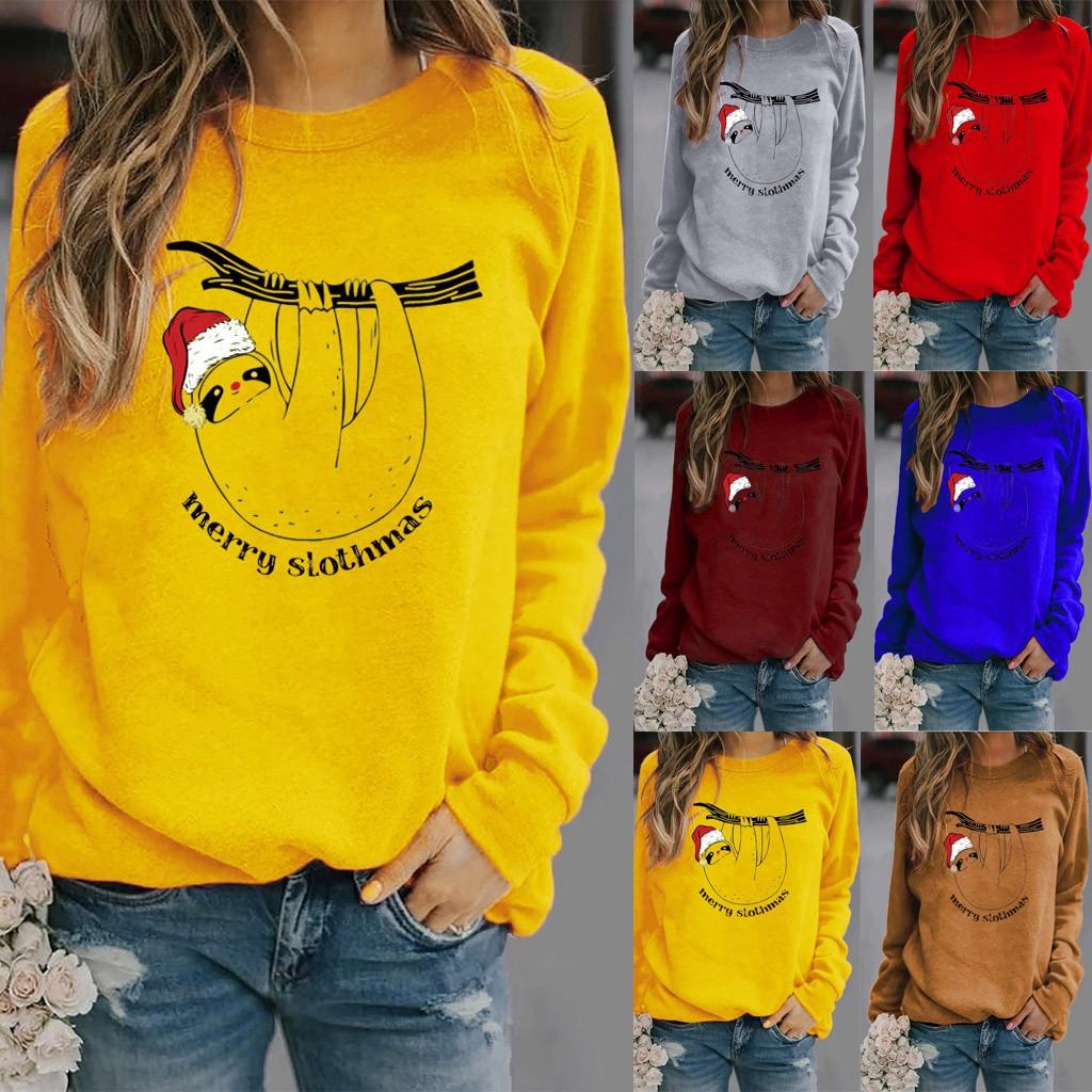 

Зима Женщины Повседневные с длинным рукавом Топы Дамы Рождественский принт Толстовка Блузка