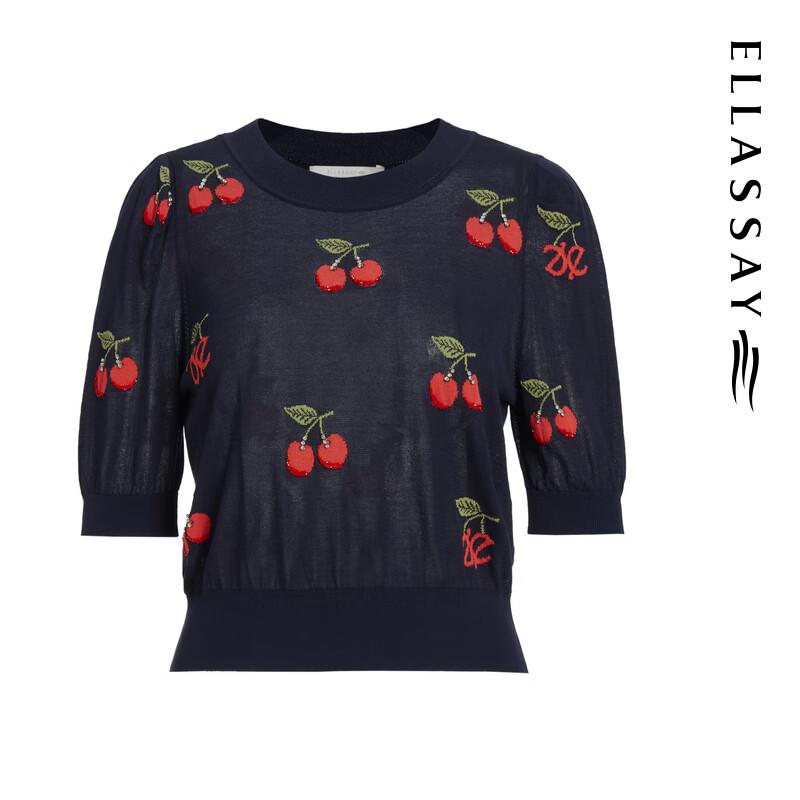 ELLASSAY Women's Retro Cherry Logo Hand-Knitted Short Sleeve Round Neck Sweater