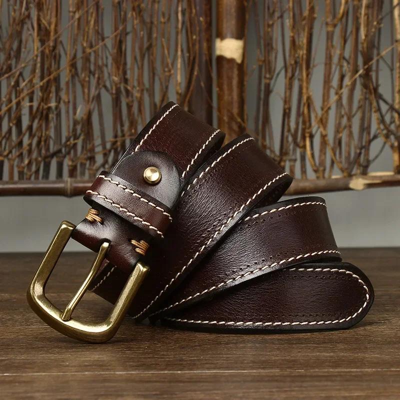 3.8CM Pure Cowhide High Quality Genuine Leather Belts for Men Korean Version Strap Male Brass Buckle Fancy Vintage Jeans Cowboy
