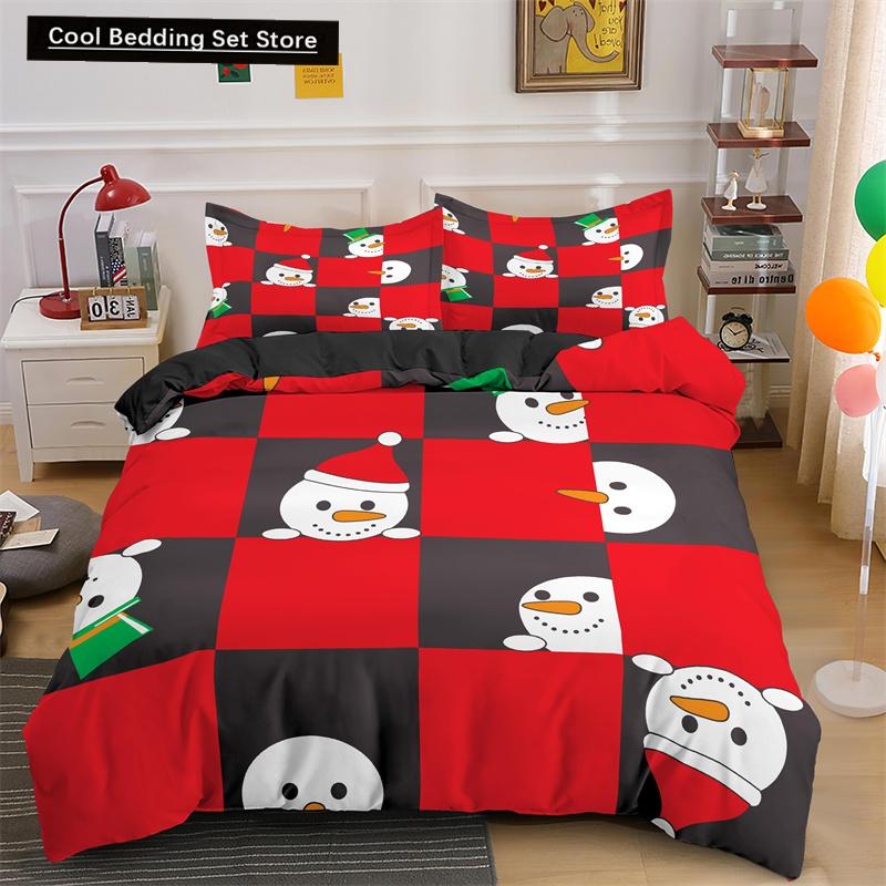 Frohe Weihnachten King Queen Bettwäsche Set Weihnachtsmann Schneemann Bettdeckenbezug Weihnachtsbaum Bettbezug Rot Polyester Steppdeckenbezug
