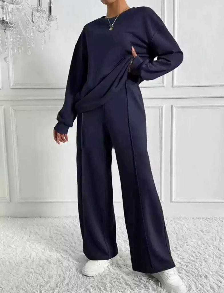 Damen Hellbraunes Relaxed Fit Rundhals Langarm Oberteil und Weitbein Hose Lounge Set