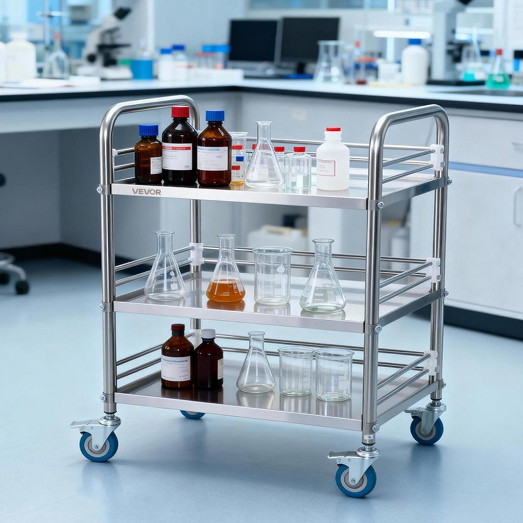 Stainless Steel Cart, 3-Tier Rolling Lab Utility Cart with Lockable Wheels, Medical Serving Trolley Clinic Tray, Heavy Duty Mobile Service Storage