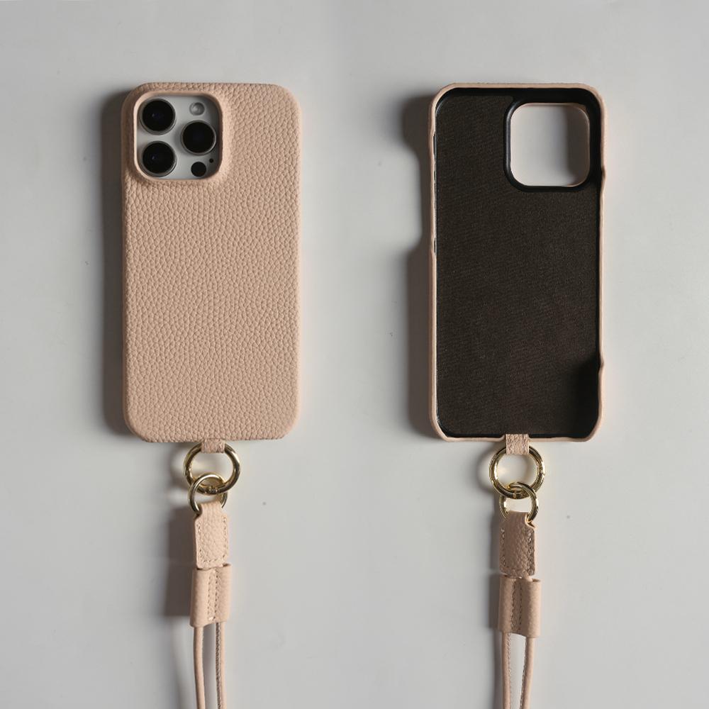 For iPhone 14 Pro Max Case With Lanyard Genuine Cow Leather PC Phone Back Cover