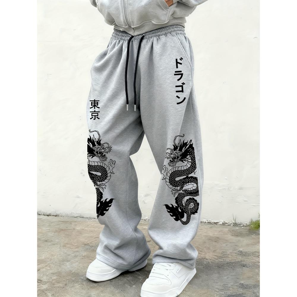 

Men s Solid Color Drawstring Loose Casual Sports Pants with Double Dragon Pattern Print, Suitable for Outdoor Wear, Cool Wide Leg Pants XXL