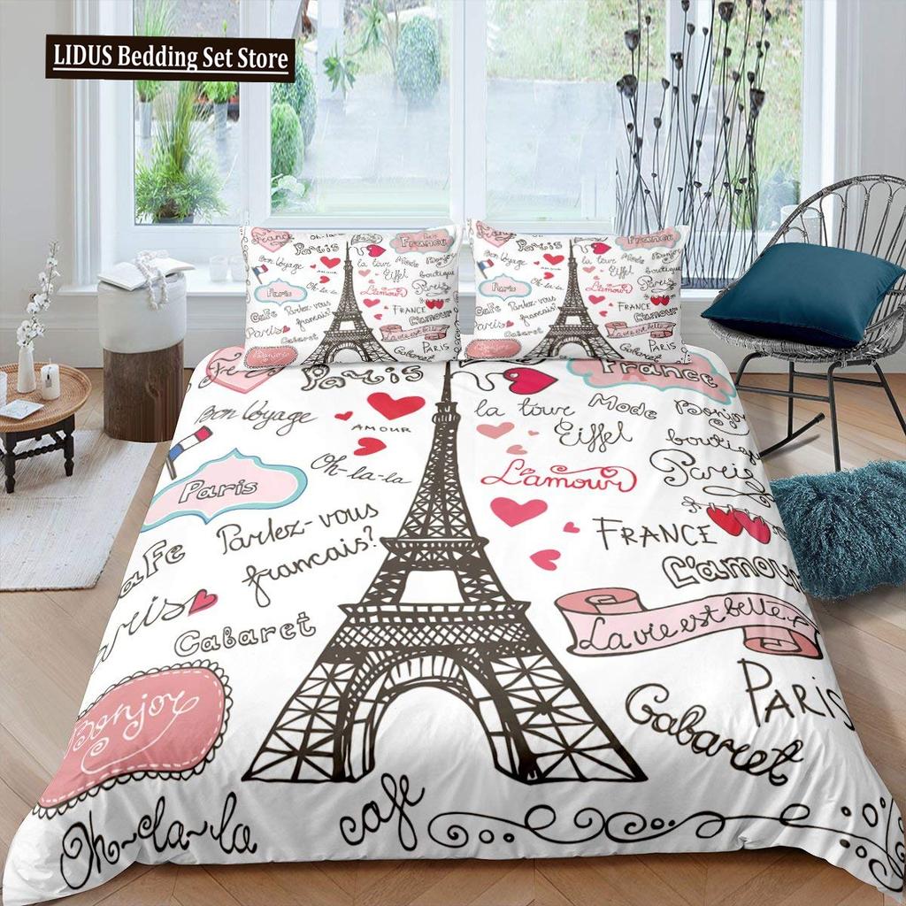 Eiffel Tower Duvet Cover Paris Tower Red Car Bedding French Style Home Decoration Grey Cityscape French Romantic Gift For Women