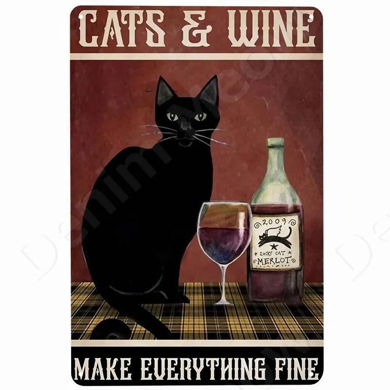 Cats and Wine Vintage Metal Sign Dog and Beer Wall Decoration for Bar Home Club Let Evening Be-Gin Tin Poster Funny Plate