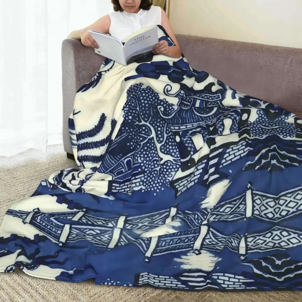 Starožitné Willow Ware Orientální Toile Deky Sametové Jarní Modré Delft Víceúčelové Tenké Přehozy na Postel Auto Koberec Kus