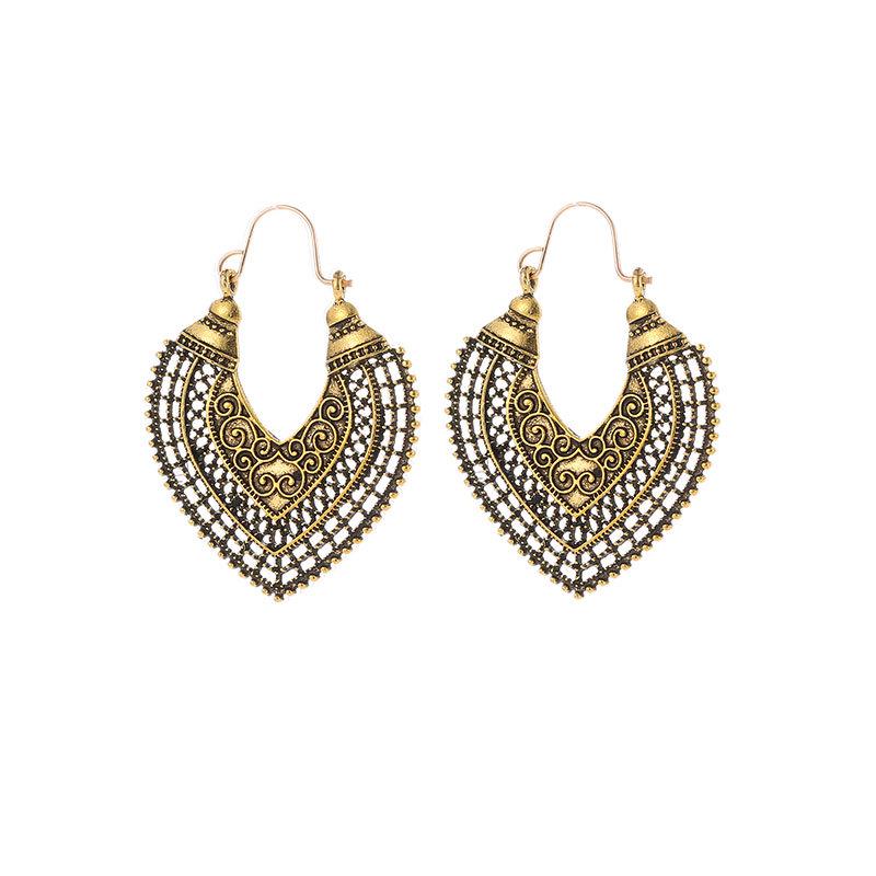 Bohemian Carved Hollow Heart & Geometric Semicircle Earrings