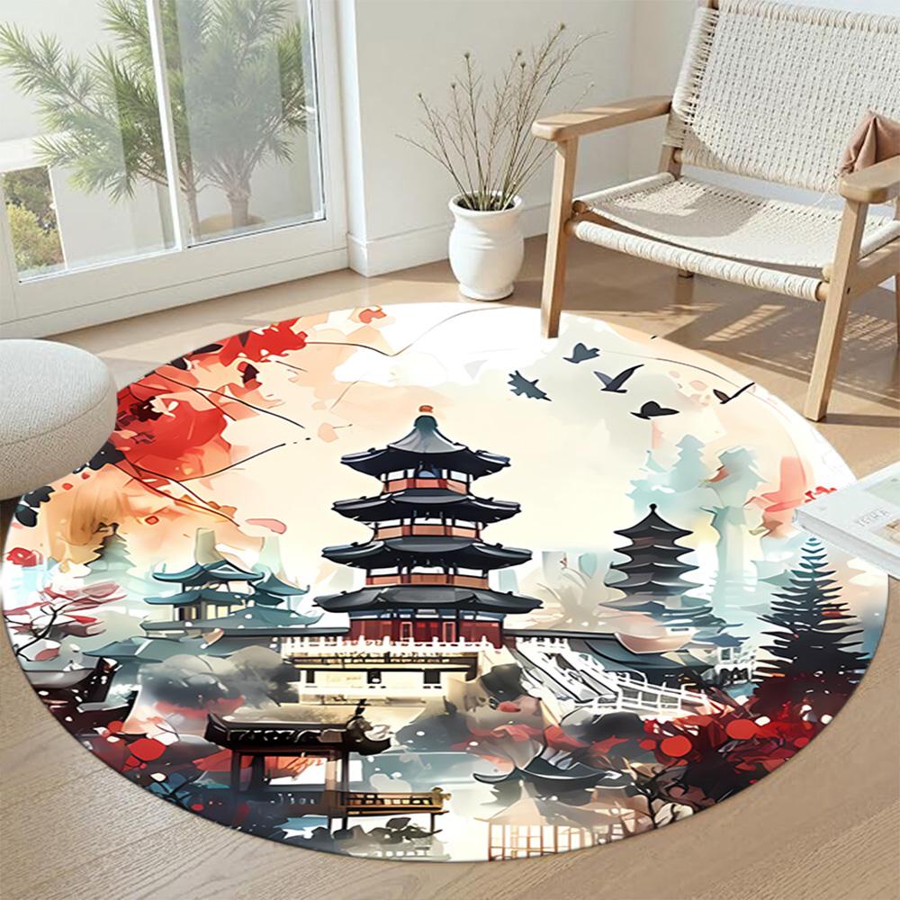 Chinese-style Architecture Round Carpet Perfect for Dormitory Foyer Balcony Living Rooms Anti-slip Round Rug Decorate Offices Best for Christmas