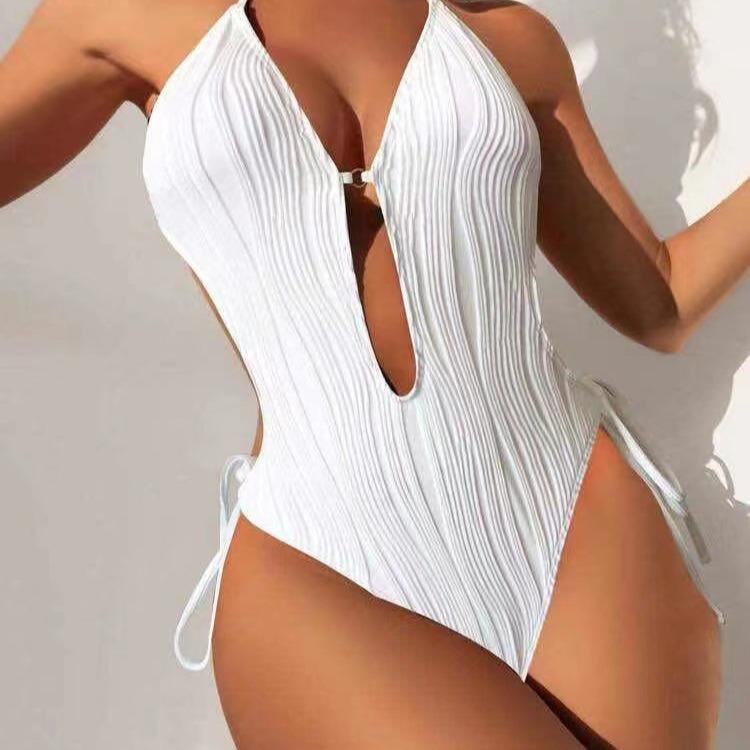 1011 European and American solid-color halter-back empty neck one-piece bikini lace-up and thin beach sexy swimsuit