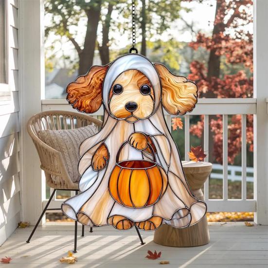 Halloween Ghost Suncatcher Colorful Dog/Cat Pattern Window Hanging Ornament with Pumpkin 2D Acrylic Suncatcher for Halloweens Decor