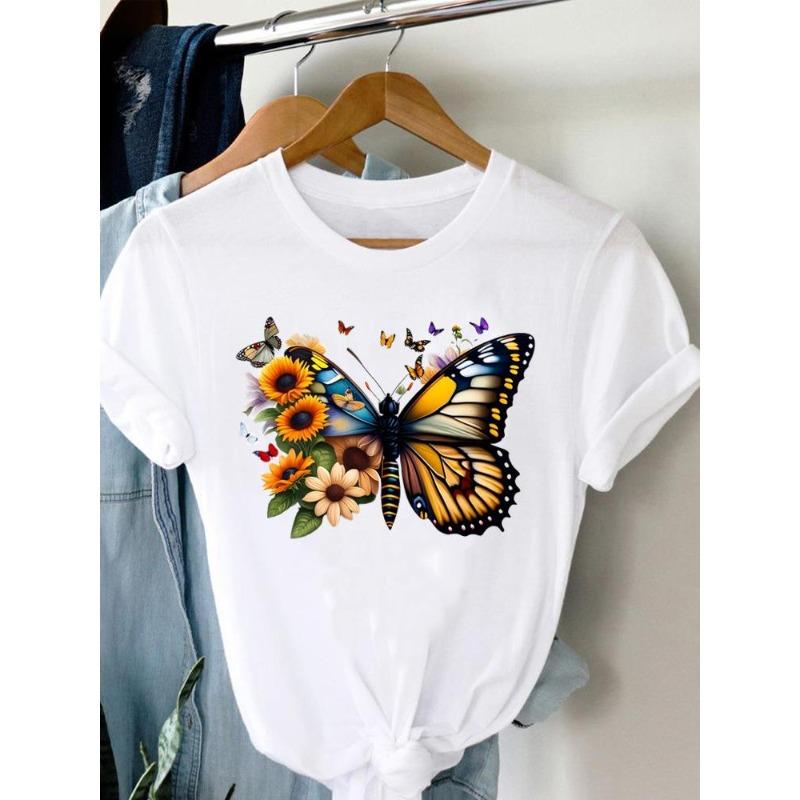 (European Size)90s Women Flower Watercolor Lovely Trend Short Sleeve Fashion Print Lady Tee Top Clothing Casual Tshirt Female Graphic T-shirts