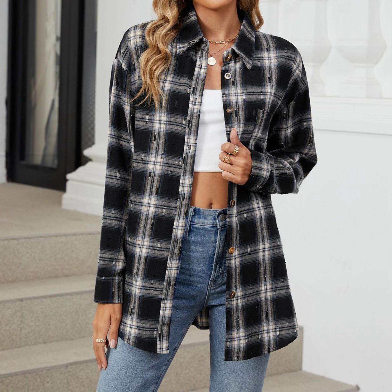 

Женская модная широкая клетчатая куртка-рубашка с длинными рукавами и карманами на пуговицах L чёрный