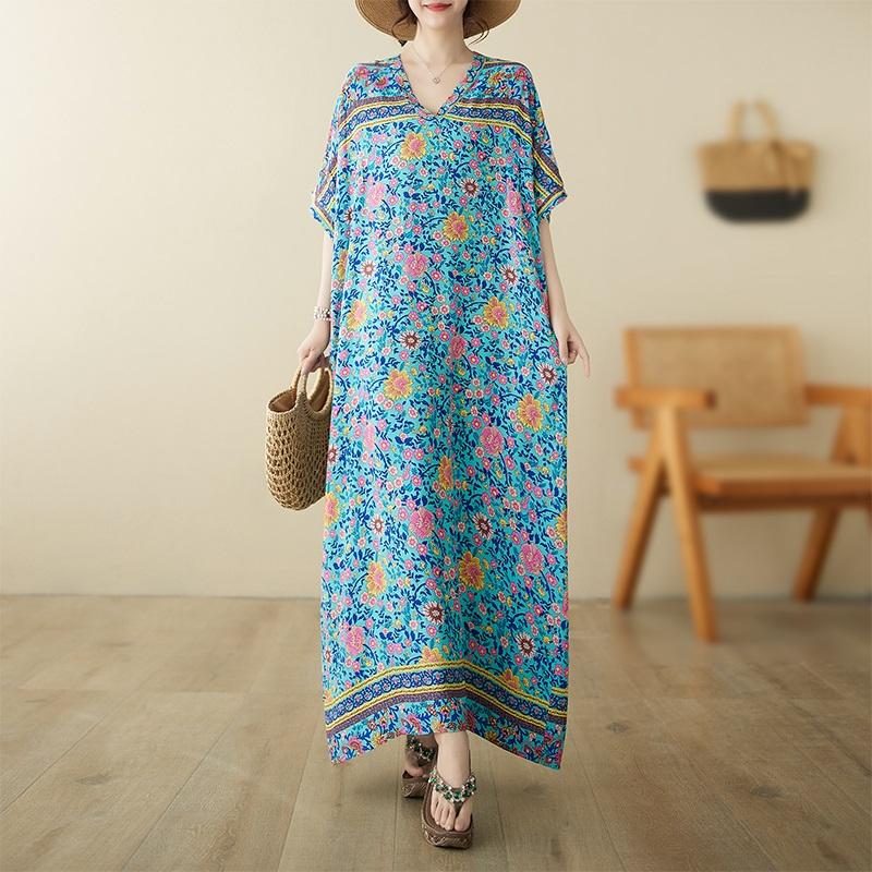 Krátký rukáv Nadměrná velikost vintage květinová novinka v šatech pro ženy ležérní volné Maxi dlouhé letní šaty