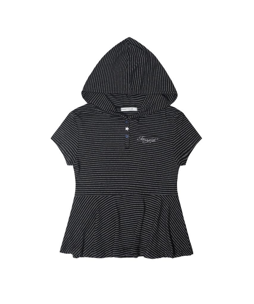 FANCY CLUB Striped Hooded Flare Top (Black) F26Qb072