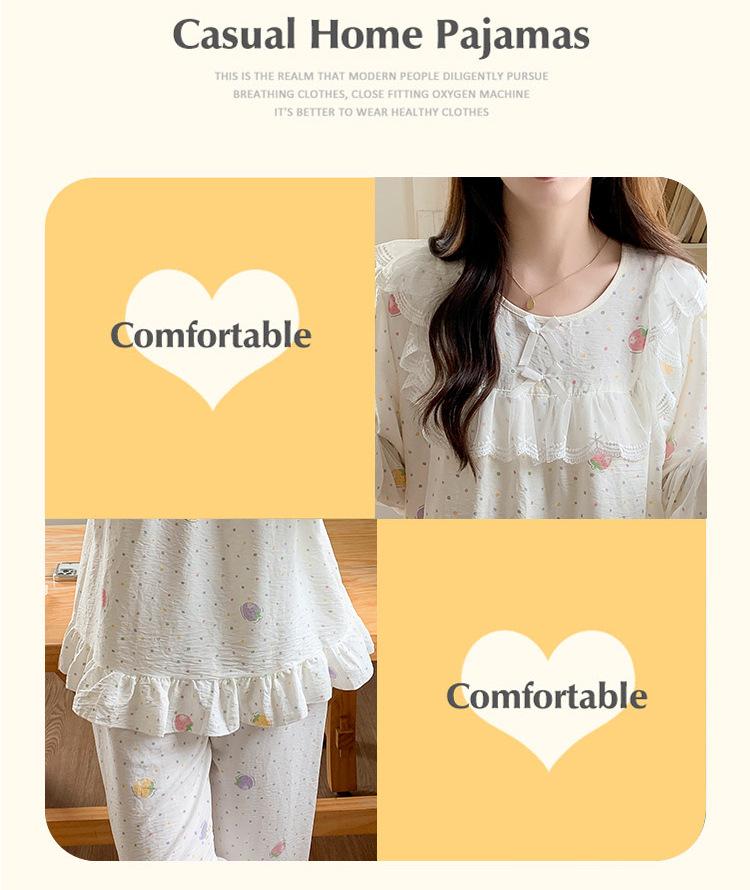 Women's Princess Style Cotton Pajama Set with Padded Bust - Lace Trim Long Sleeve for Spring/Autumn
