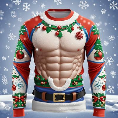 Muscle Christmas T-shirt Men Tops Casual Loose Streetwear 3D Printed Ugly Christmas Long Sleeve Tee Sport T-Shirt Y2k Clothes