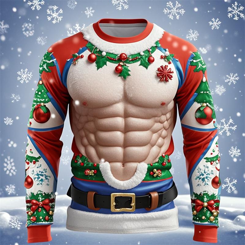 ETST 012 Muscle Christmas T-shirt Heren Tops Casual Losse Streetwear 3D Geprinte Lelijke Kerst Lange Mouw T-shirt Sport T-shirt Y2k Kleding S