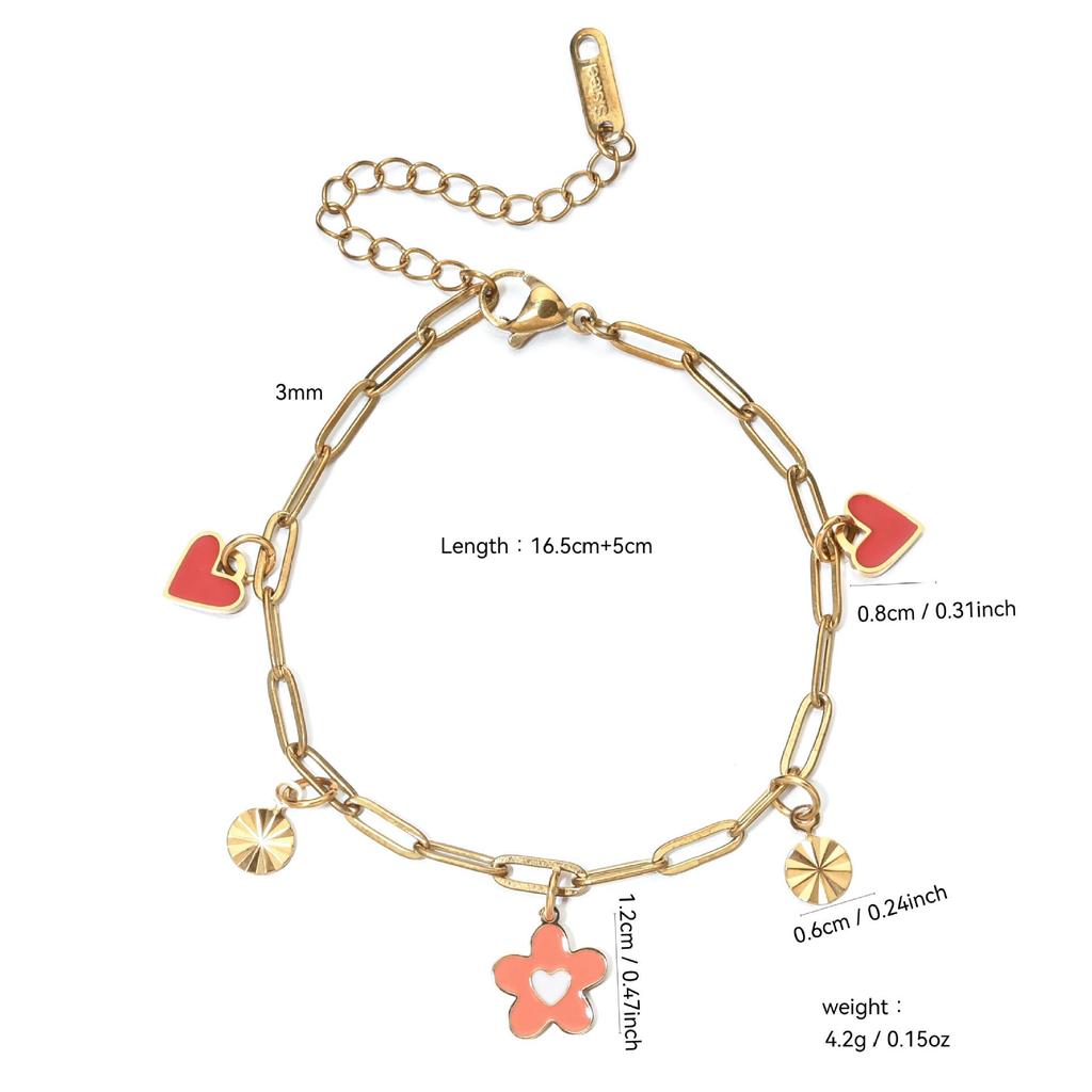 Women's Luxury Drip Oil Flower & Heart Pendant Stainless Steel Bracelet