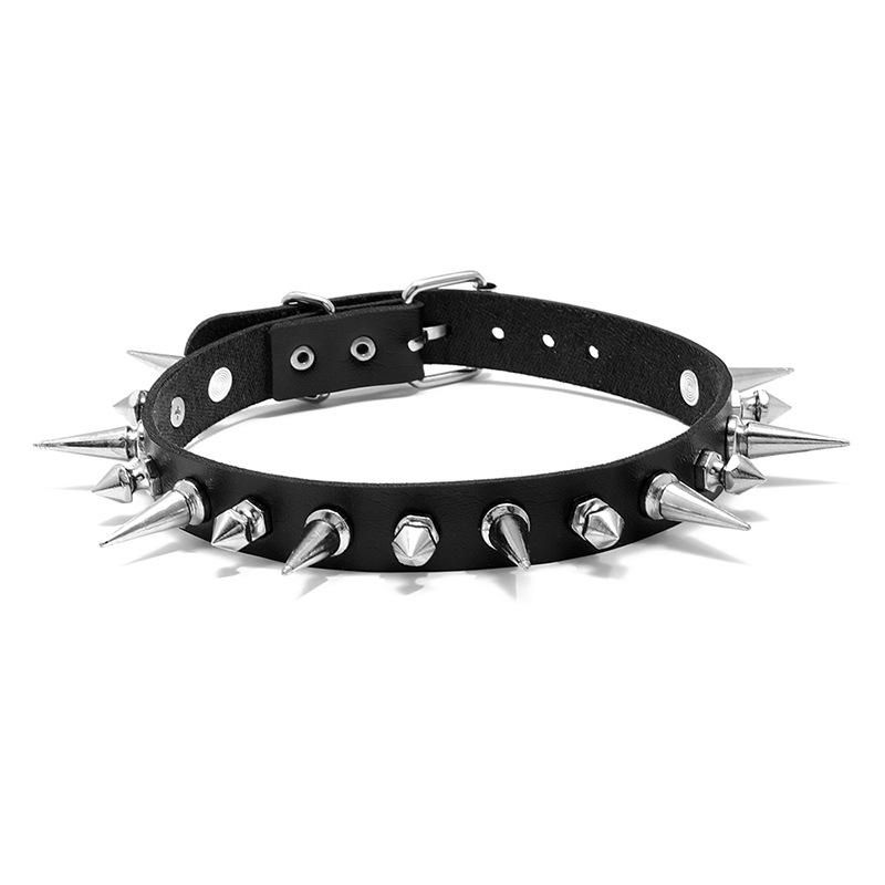 Long Spike Choker Punk Faux Leather Collar  Goth Style Necklace Accessories