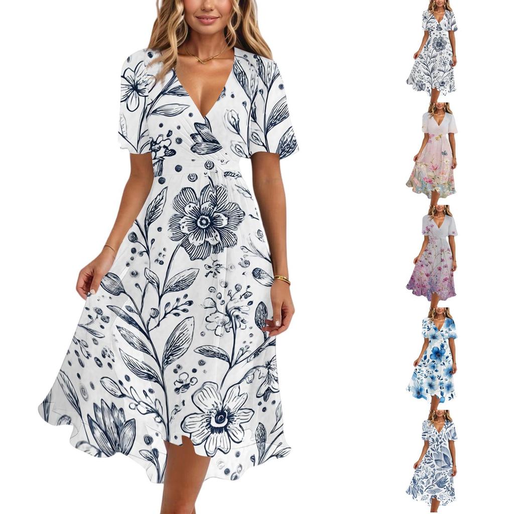 Women's Casual V Neck Short Sleeve Floral Print Dress Midi Length Wrap Style Lightweight Fabric Summer Dress