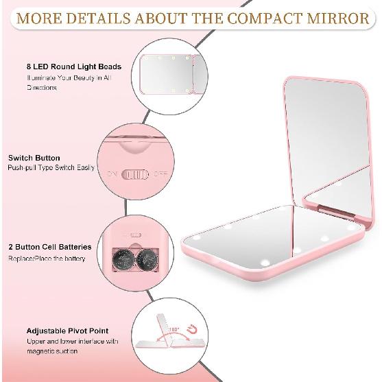 Compact Mirror with Light, 1X/3X Magnification LED Pocket Mirror for Women | Portable, Travel, Purse, Pocket, Gift, Pink, mini, small, essentials,