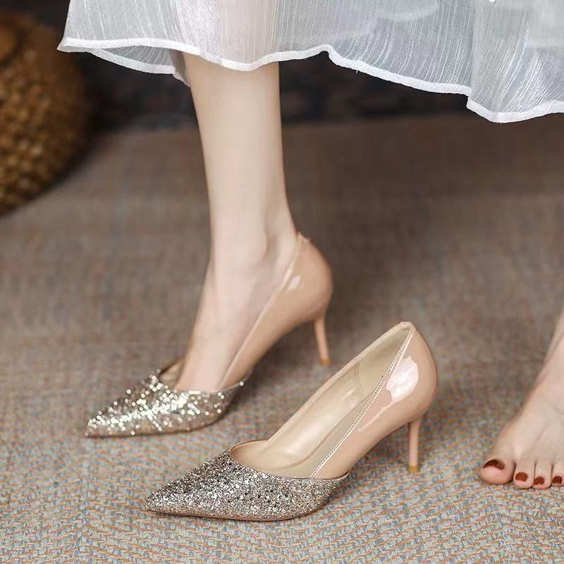 

Fashion Women s Single Shoes Spring New Fashion Pointy Splicing Glitter A Slip-on Wear Resistance Stiletto Temperament High Heels 34