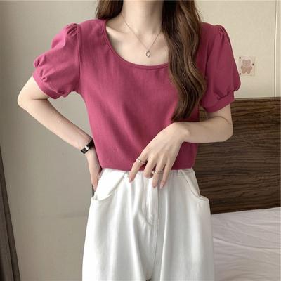 Puff Sleeve T-shirt Women's Summer 2024 New French Design Low Round Neck Slim Slimming Short-sleeved Top