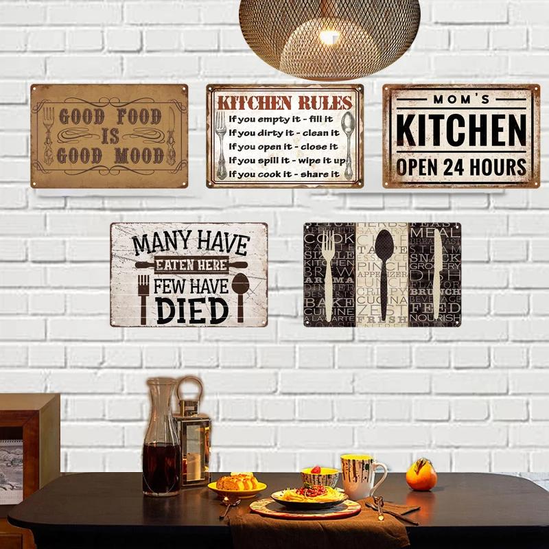 Retro Plåtskylt Köksregler Mat Järnmålning Väggkonst Metall Vintage Plakett Metallaffischer för Hus Hem Matsal Dekor