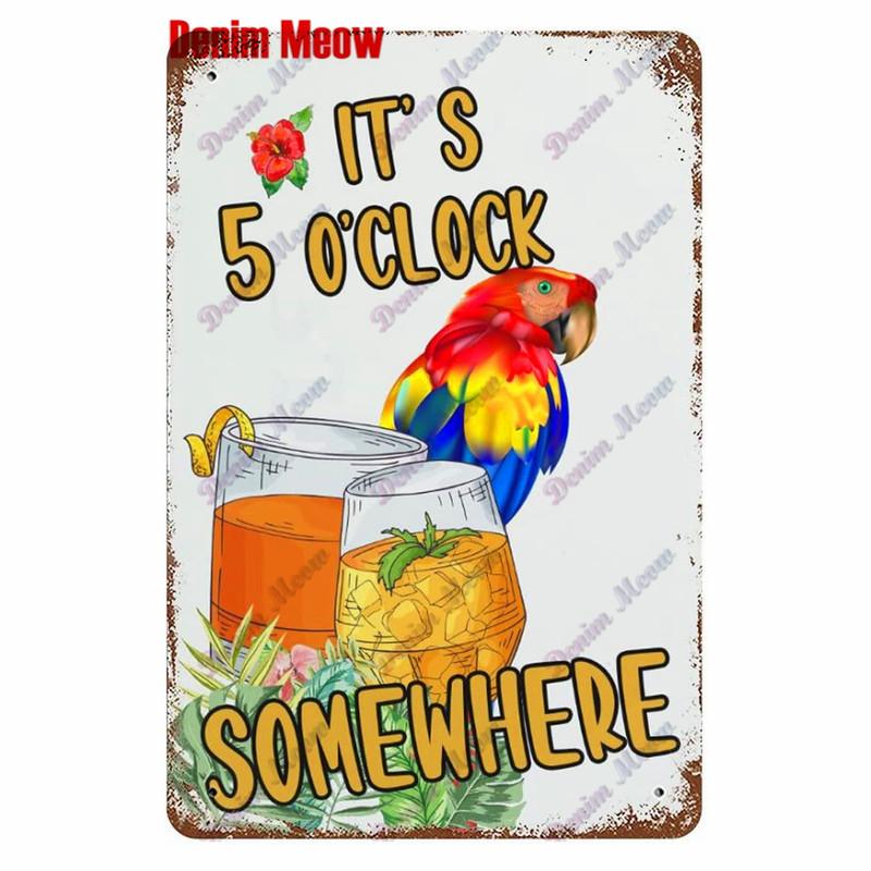 Metal Tin Sign Wall Decor, Vintage Parrot Cocktail Bar Plates, Kitchen Painting Decor, It's 5 O'clock, WY23