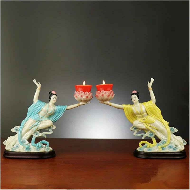 1 Pair Resin Dunhuang Fairy Lamp Holders Chinese Lotus Buddha Front Lamp Holder Offering Feng Shui Ornaments Candlestick Holder