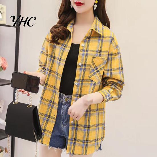 Ladies Blouse Turn Down Collar Long Sleeve Single-breasted Patch Pocket Loose Shirt Top Classic Plaid Print Casual Female Clothing