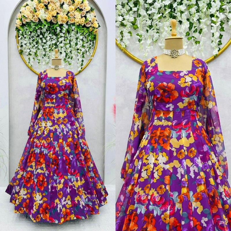 

Красивое дизайнерское платье из ткани из искусственного жоржета с внутренней частью и цифровым принтом, а также рукавами Bloon.