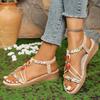 Fashion Bohemian Style Beaded Flat Sandals Woman Printing Braided Roman Sandals for Women Summer 2025 Comfortable Non Slip Beach Shoes