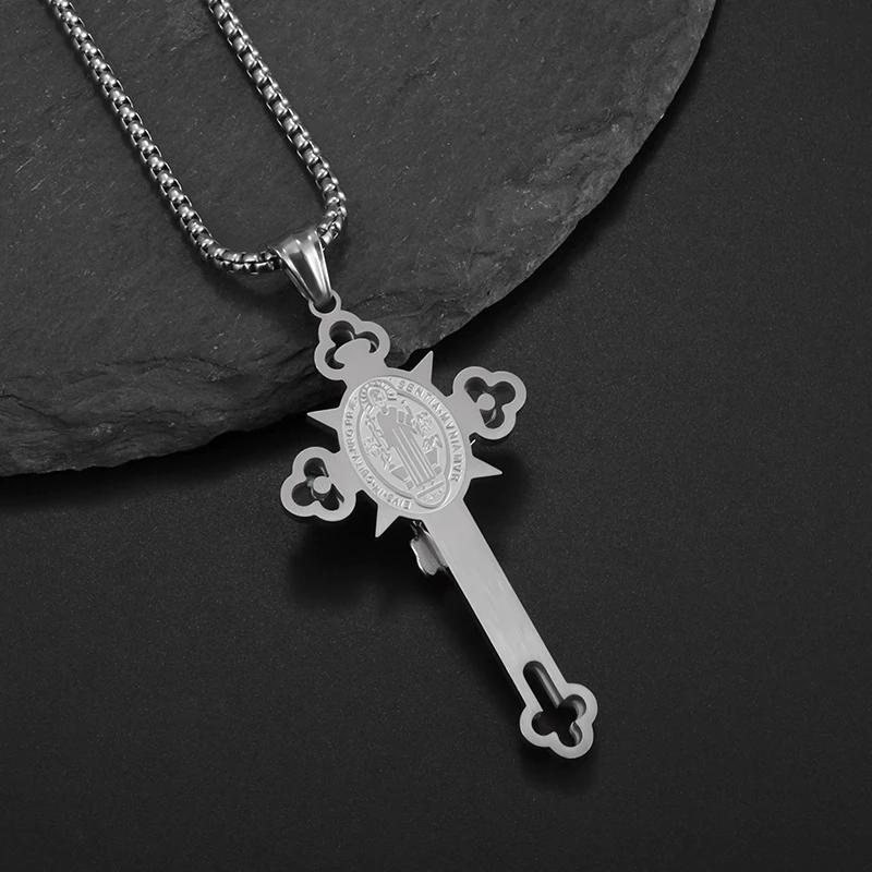 Saint St. Benedict Jesus Cross Pendant Necklace Men and Women Religious Christian Catholic Amulet Stainless Steel Jewelry