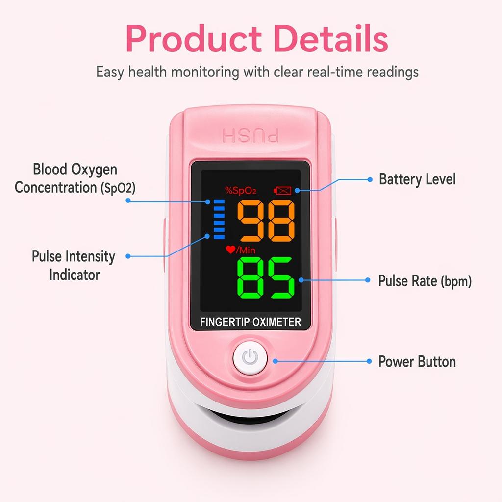 Pink Fingertip Pulse Oximeter Blood Oxygen Monitor Measure Heart Rate Breathing Rate SpO2 LED Display for Family Work Travel2