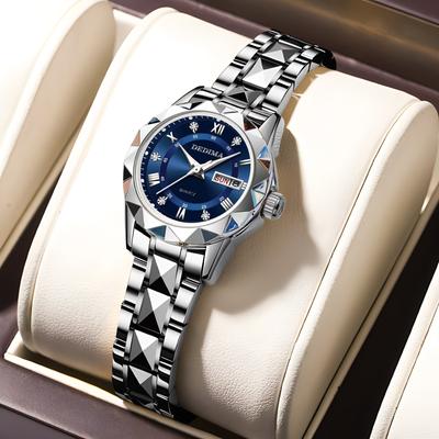 Montre de luxe pour femme de marque supérieure, nouvelle montre à quartz lumineuse à double calendrier étanche en acier inoxydable avec strass bleu