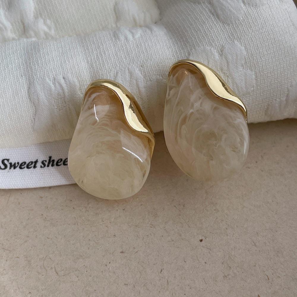 Amber Resin Stud Earrings for Women - Light Luxury Metal Patchwork, 2025 Design.