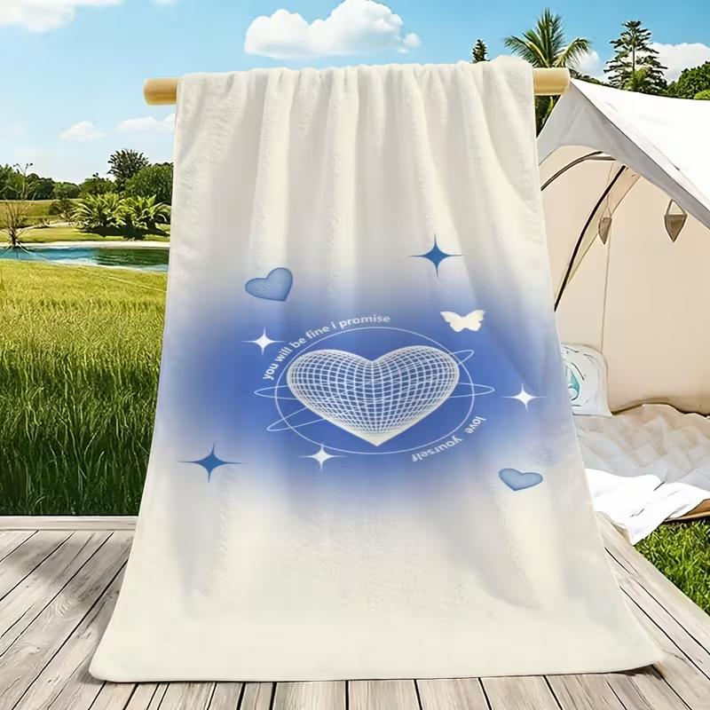 Cute Pink Planet Heart Print Beach Towel Checkered Border Quick Dry Soft Absorbent Sand Free Towel for Girls Summer Pool Travel
