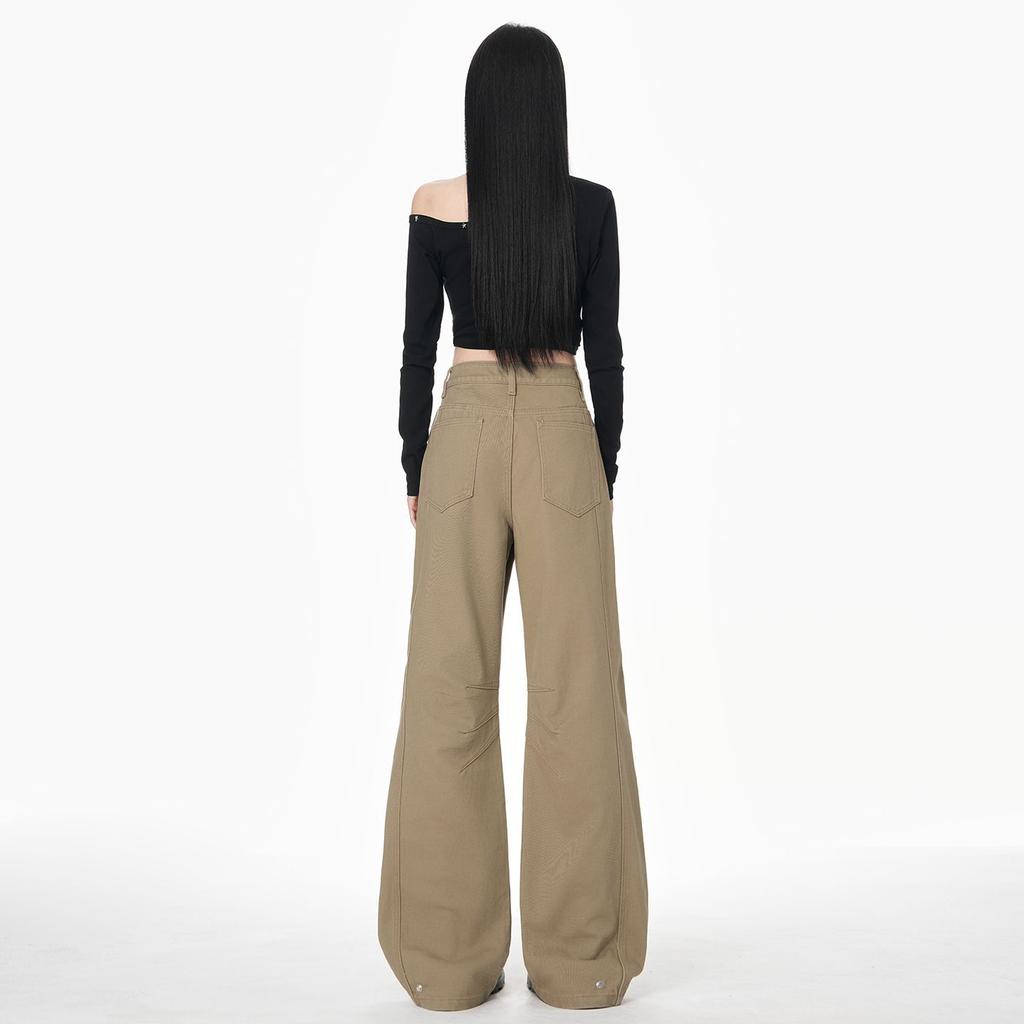 Early Spring Khaki High Waist Design Casual Floor Saber Cut Wide Leg Denim Pants For Women Casual Pants Oversize Denim Trousers