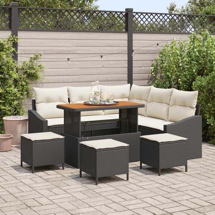Ensemble de 9 pièces de canapés de jardin avec coussins Noir Rotin Poly Acacia, Canapé de jardin 2 places avec coussins Noir 3362660