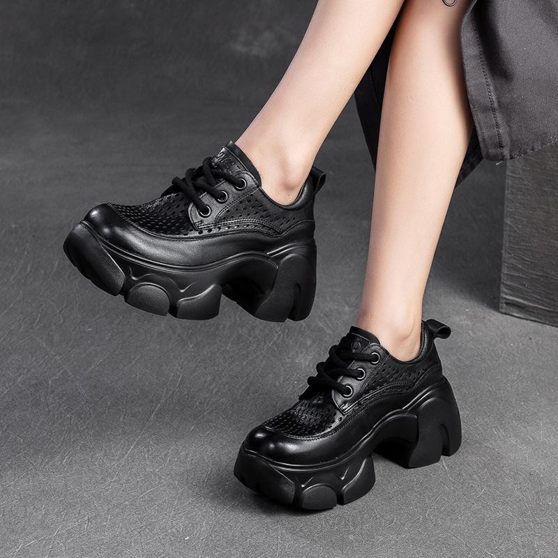 Fashion 7CM Women Chunky Platform Shoes Summer Hollow Out Breathable Genuine Cow Leather Round Toe Thick High Heel Casual Shoes
